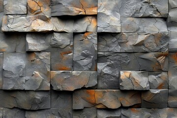 The image presents 3D cubes with a textured slate surface, accented with rustic orange staining