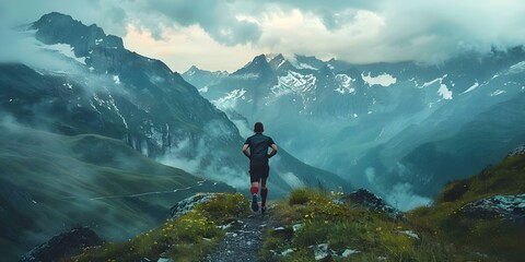 Active male runner in mountain landscape fitness banner mockup for outdoor exercise or training. Concept Outdoor Fitness, Mountain Landscape, Runner, Exercise Banner, Mockup