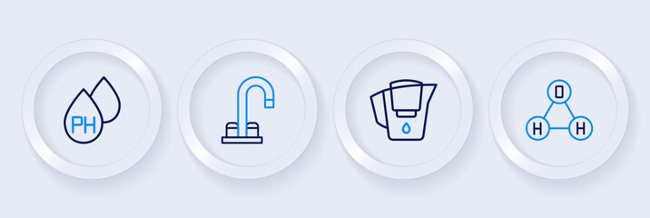 Set line Chemical formula water H2O, Water jug with filter, tap and drop icon. Vector