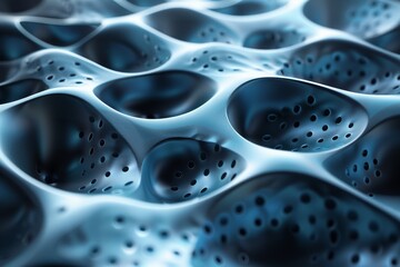A high-resolution close-up of a 3D-rendered porous surface in blue tones, simulating futuristic materials - obrazy, fototapety, plakaty
