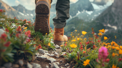 Close-up of a tourist's boots and feet on a mountain trail among blooming alpine meadows. the concept of hiking and mountain walking. - obrazy, fototapety, plakaty