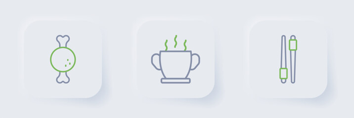 Set line Food chopsticks, Bowl of hot soup and Chicken leg icon. Vector
