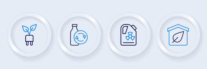 Set line Eco friendly house, Radioactive waste in barrel, Recycling plastic bottle and Electric saving plug leaf icon. Vector