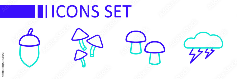 Wall mural Set line Cloud and lightning, Mushroom, and Acorn icon. Vector