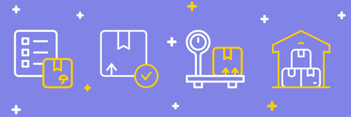 Set line Full warehouse, Scale with cardboard box, Carton and Verification of delivery list icon. Vector
