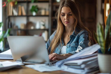 Computer and papers. Focused millennial woman office worker teacher freelancer do paperwork manage legal documents fill in electronic form. Young lady lawyer study text of contract agreement by laptop