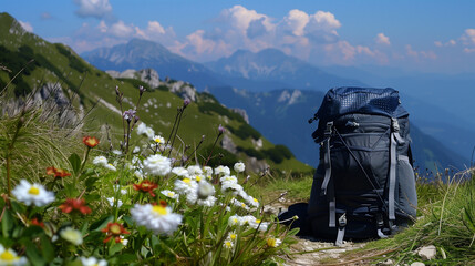 A bulky travel backpack stands on a path among flowers overlooking the mountains. a backpack in the mountains. the concept of hiking and hiking