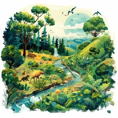 Wildlife Inhabiting Lush Forest Painting - obrazy, fototapety, plakaty