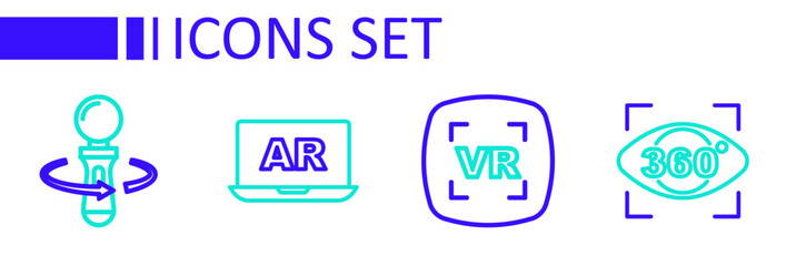 Set line 360 degree view, Virtual reality, Augmented AR and VR controller game icon. Vector