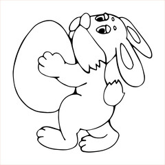 Easter bunny holding an egg, for coloring book with black and white linear images