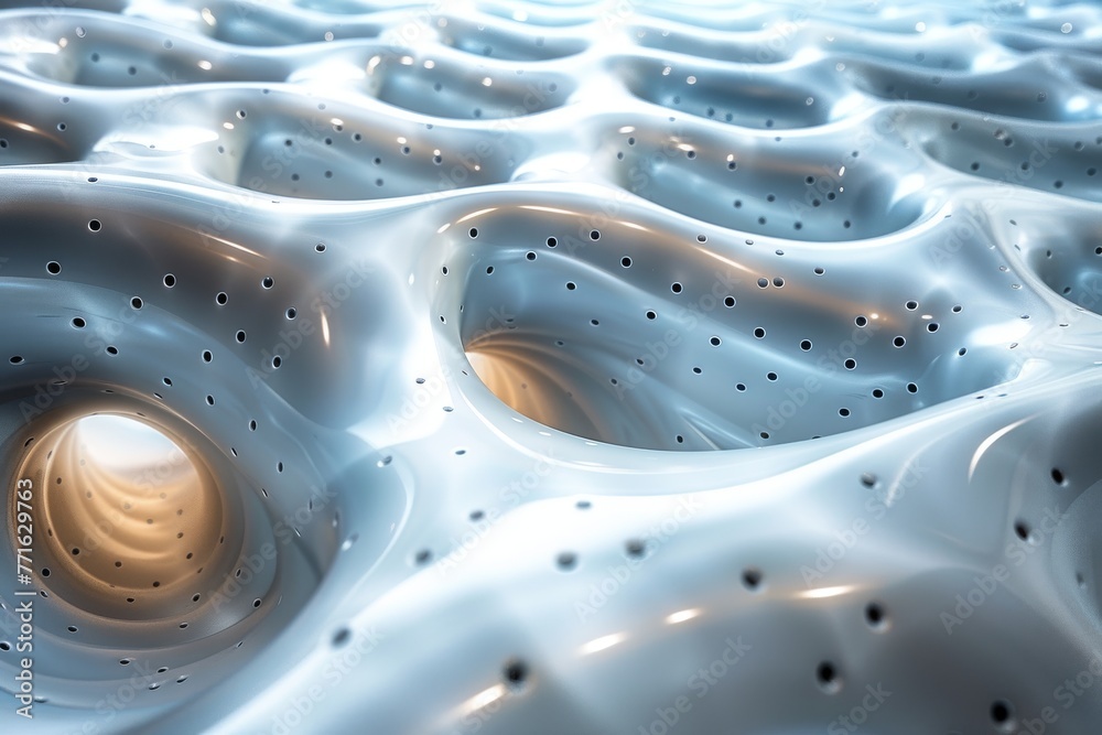 Poster an iridescent digital rendering of a dimpled texture with cool blue and white tones creating a sense