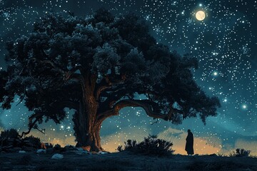 Silhouette of Abraham the father of faith in a nocturnal landscape talking to God next to a big tree, Generative AI