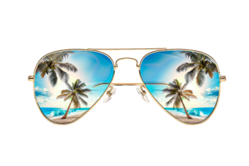 Aviator style sunglasses with the lenses reflecting the beach in blue tone isolated on a cutout PNG transparent background