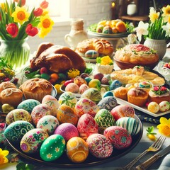 A festive Easter table brimming with various foods, in the center of which are several elaborately decorated Easter eggs. 