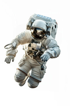 Astronaut with space suit and helmet floating with a white background.