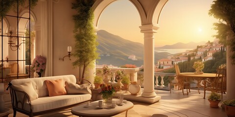 Immerse yourself in the romance of Mediterranean architecture as you gaze upon charming villas bathed in golden sunlight.  - obrazy, fototapety, plakaty