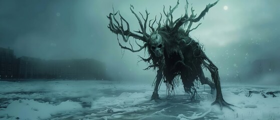 Wendigo manifested in a frozen urban sprawl its haunting presence linked to a pandemic of greed - obrazy, fototapety, plakaty