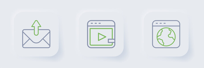 Set line Worldwide, Video advertising and Mail and e-mail icon. Vector