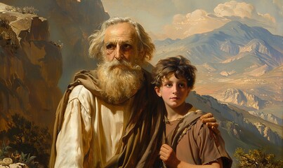 Patriarch Abraham and his son Isaac on the way to the place of sacrifice to God, Generative AI