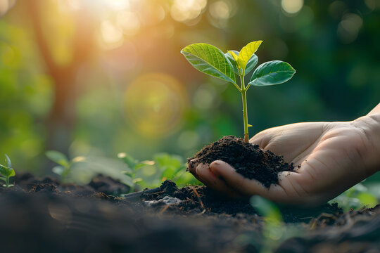 Hand holding small growing tree with soil and green leaves on blurred background, environment protection and ecology with copy space for text.         