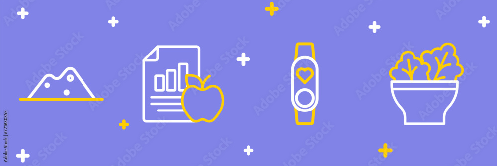 Poster Set line Salad in bowl, Smart watch with heart, Diet plan and Salt icon. Vector