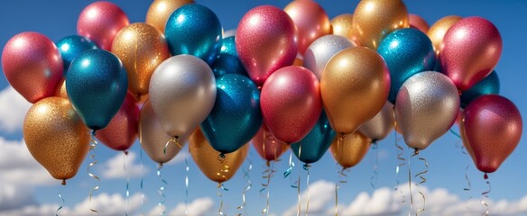 Colorful holiday balloons on blue sky background - obrazy, fototapety, plakaty