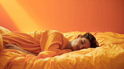A young man sleeping in bed, wearing orange shirt, with a vibrant colored background, warm light, for a commercial shoot, relaxed posture