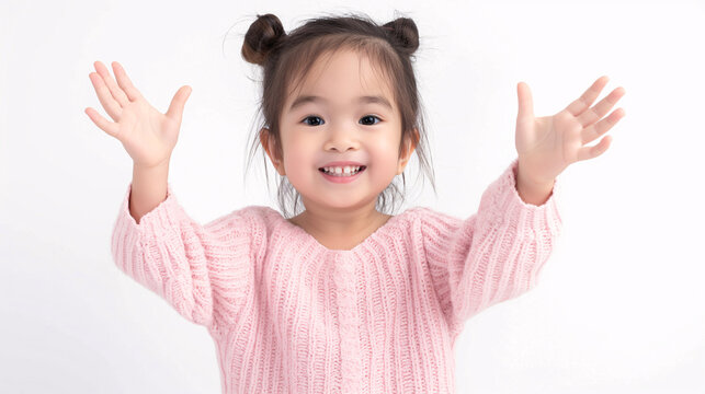 Cheerful Young Girl with Open Hands in Cozy Pink Sweater Isolated on a White Background