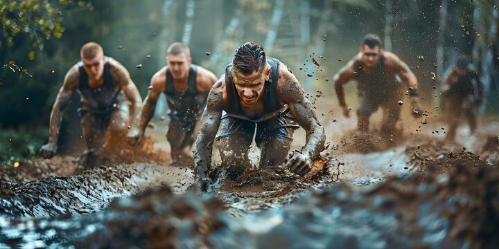 Competitors in a muddy obstacle course race pushing through challenges with determination and teamwork. Concept Obstacle Course Race, Teamwork, Determination, Muddy Challenge, Competitors