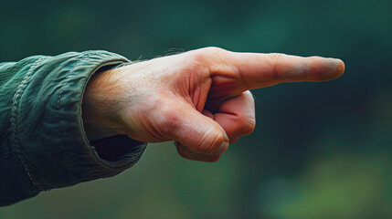 A hand pointing to the right with the index finger in a closeup shot. The blurred background is green.