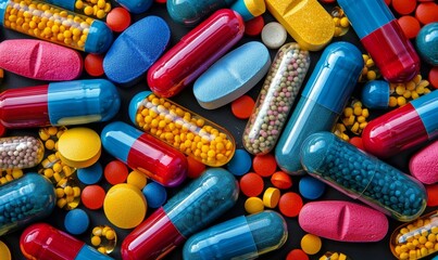 Assorted of colorful medicine pills and supplement capsules background, Generative AI