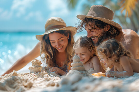 A cheerful family of four enjoying a sunny day at the beach, building sandcastles, and playing games together, with palm trees and blue sky in the background.