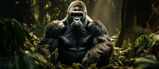 A primate with fur, known as a gorilla, is standing in the midst of a lush green jungle. Surrounded by terrestrial plants and grass, it blends into the darkness of the natural environment - obrazy, fototapety, plakaty