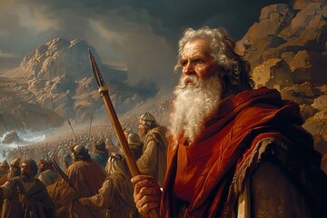 Moses guiding the people of Israel as they left Egypt towards the Promised Land, Generative AI - obrazy, fototapety, plakaty