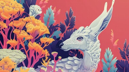 Stylized illustration of a serene creature resembling a rabbit surrounded by vibrant, colorful botanical elements in a fantasy setting.