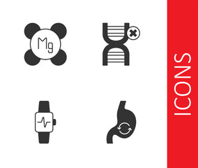 Set Human stomach health, Magnesium, Smart watch with heart and No GMO icon. Vector