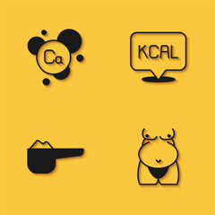 Set Calcium, Obesity, Sports nutrition proteine and Kcal icon with long shadow. Vector