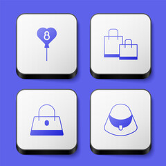 Set Balloons with 8 March, Paper shopping bag, Handbag and icon. White square button. Vector