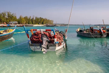 Tragetasche Fishing boats with nets on board waiting to go out and catch fish. Zanzibar Kendwa beach  © janmiko