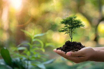 Naklejka na ściany i meble Hand holding small growing tree with soil and green leaves on blurred background, environment protection and ecology with copy space for text. 