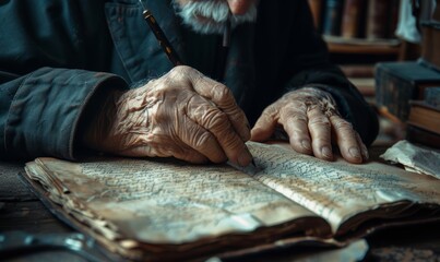 Hand of an elderly man writing on an old manuscript, Generative AI