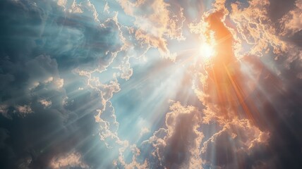Sunburst through cloudscape with blue sky - Dramatic sun rays pierce the clouds revealing a breathtaking blue sky, embodying hope and inspiration - obrazy, fototapety, plakaty