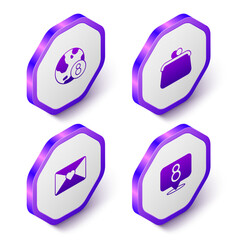 Set Isometric International Women Day, Handbag, Envelope with 8 March and icon. Purple hexagon button. Vector
