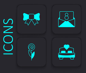 Set Bedroom, Gift bow, Envelope with 8 March and Flower icon. Black square button. Vector