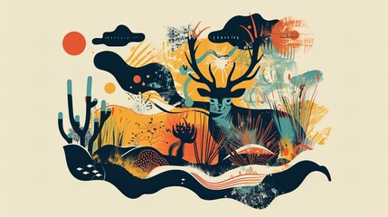 Vintage wild animal poster with organic shapes and fluid lines. Retro-inspired design for a unique aesthetic