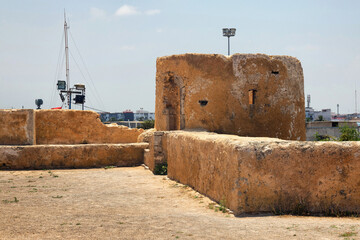View of the historic walls of the fortress of El Jadida (Mazagan). The fortified city, built by the Portuguese at the beginning of the 16th century and named Mazagan. Morocco, Africa.