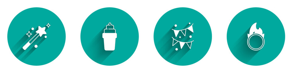 Set Magic wand, Ice cream in waffle, Carnival garland with flags and Circus fire hoop icon with long shadow. Vector