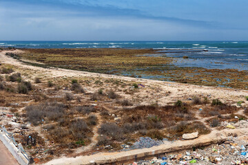 Pollution and debris on the coast of the Atlantic Ocean off the coast of Morocco