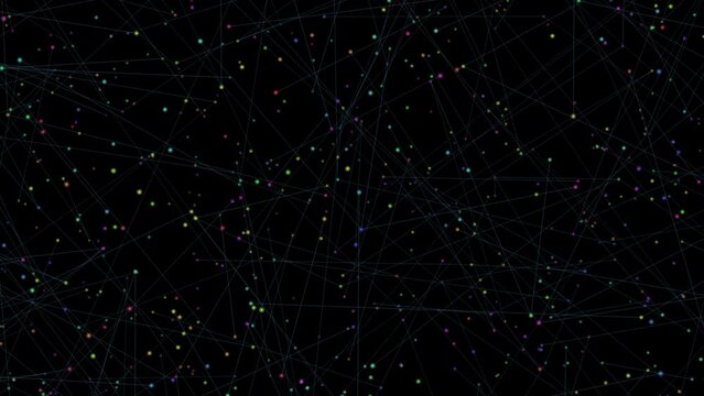 This image depicts a chaotic and complex network of interconnected lines and scattered dots on a black background