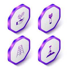 Set Isometric Leaf in hand, Garden pitchfork, Wooden staircase and Shovel icon. Purple hexagon button. Vector